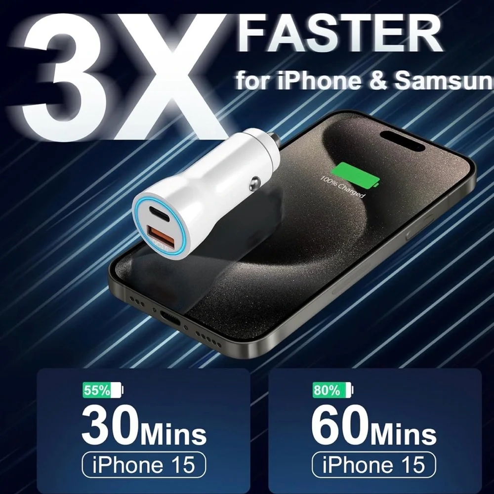 White & Gold 2.4A Car Charger with Sync Cable